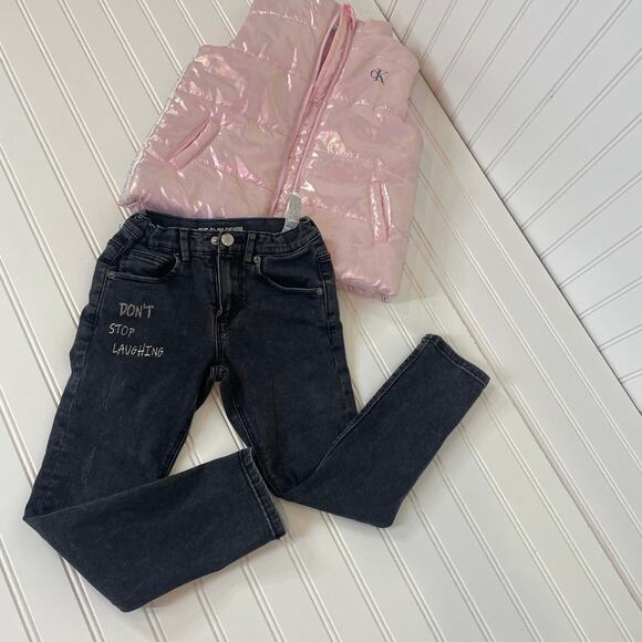Zara Calvin Klein Girls Pink Hooded Puffer Vest & Jeans Bundle OF 2 Size 4-5 - Picture 1 of 10